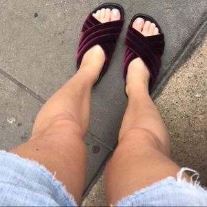 Barneys New York Bordeaux Velvet Criss Cross Slide Sandals